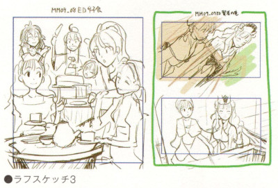 「アーシャのアトリエ 公式ビジュアルブック」に載っているイベントスチル「女子会」「賢者の庵」のラフスケッチ