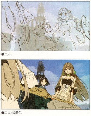 「アーシャのアトリエ 公式ビジュアルブック」に載っているイベントスチル「二人」の線画と仮着色イラスト