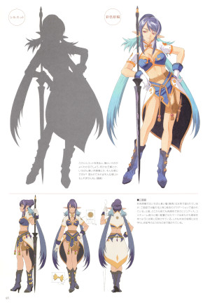 「テイルズオブヴェスペリア イラストレーションズ 藤島康介のキャラクター仕事」のジュディスのシルエット、彩色原稿、アニメ三面図掲載ページ